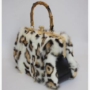 NWT Real Fox Fur Handbag Vintage Kisslock Purse with Bamboo Handle, Snow Leopard